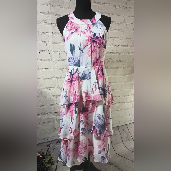 Floral Silhouette WovenChiffon Tiered OverlayDress Blush SL Fashions - Picture 6 of 16